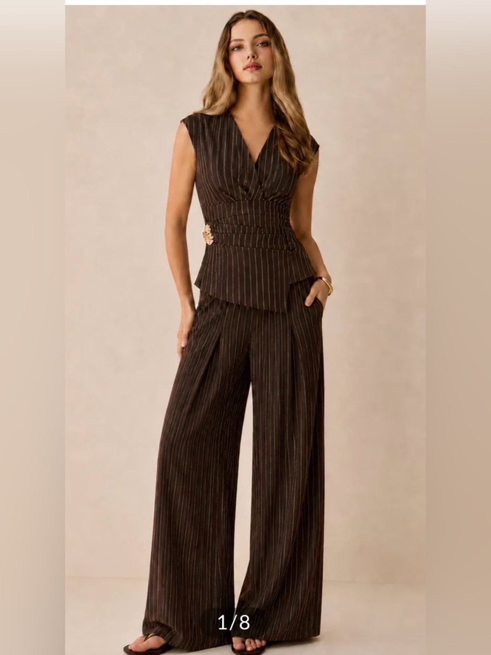 Commense  Pinstripe Sleeveless Blouse &Wide-Leg Pants Set
